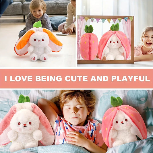 Reversible Bunny Plush Doll Pillow with Carrot Strawberry Cover