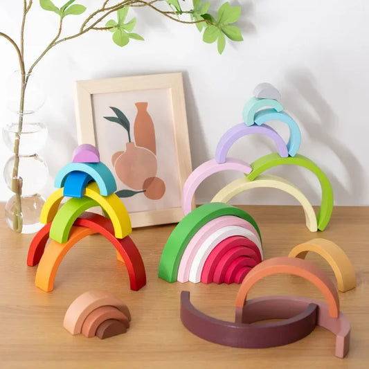 Wooden Rainbow Stacking Blocks Montessori Arch Bridge Toy
