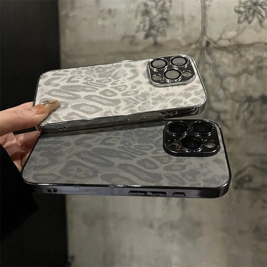 Leopard Print iPhone Case with Leather Texture & Lens Protection