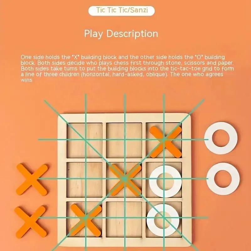 Wooden Tic Tac Toe Game Montessori XO Puzzle Board Toy