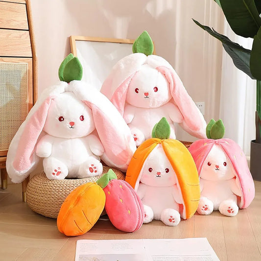 Reversible Bunny Plush Doll Pillow with Carrot Strawberry Cover