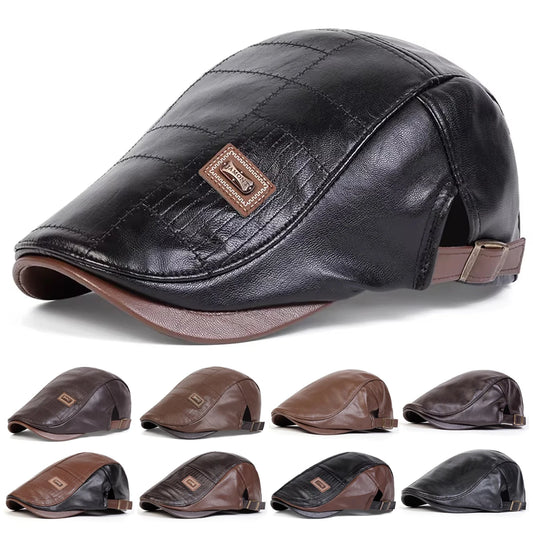 Men's Newsboy Cap Retro PU Leather Flat Beret Hat