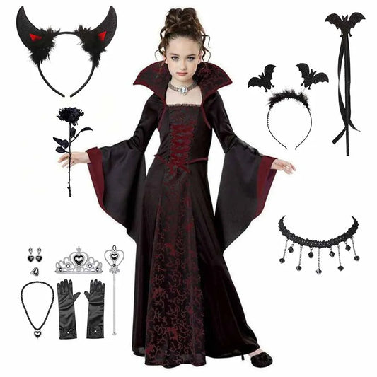 Kids Vampire Costume Gothic Halloween Dress with Accessories