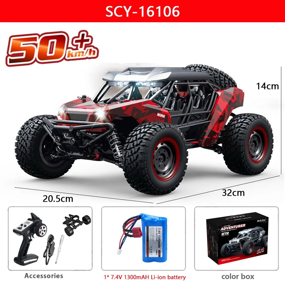 16106 1:16 4WD RC Monster Truck – 50KM/H High-Speed Off-Road Car with LED Lights