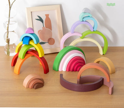 Rainbow Wooden Building Blocks Montessori Stacking Toy
