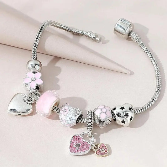 Heart Charm Bracelet – Crystal Flower Adjustable Bead Bracelet