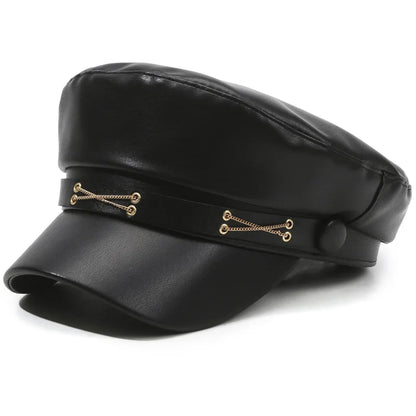 Women's Faux Leather Beret Retro Flat Top Painter Hat