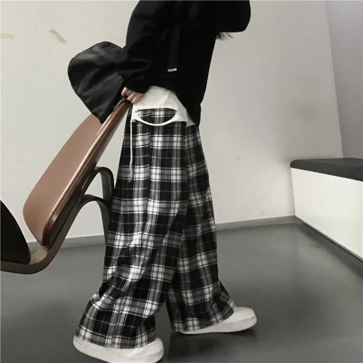 Black Checkered Wide Leg Pants High Waist Streetwear