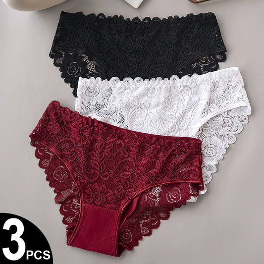 Lace Cotton Panties 3PCS Floral Embroidered Women's Briefs