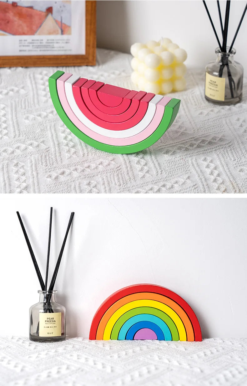 Rainbow Wooden Building Blocks Montessori Stacking Toy