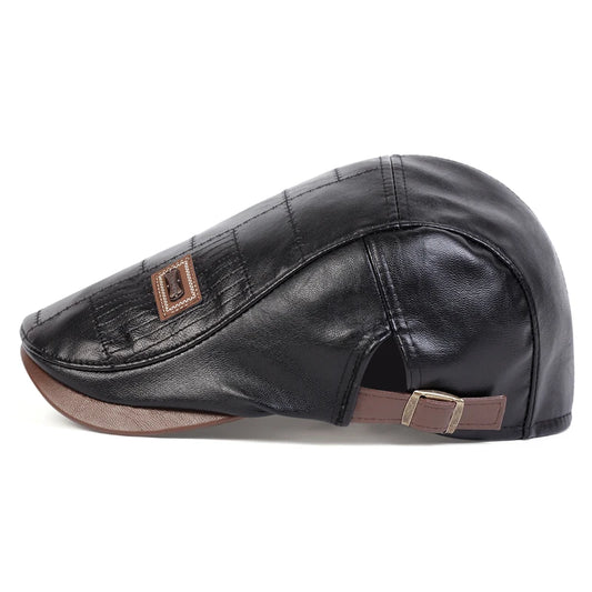 Men's Newsboy Cap Retro PU Leather Flat Beret Hat