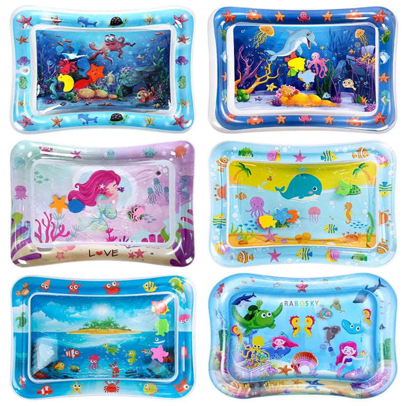 Set of six inflatable water mats with underwater-themed designs.
