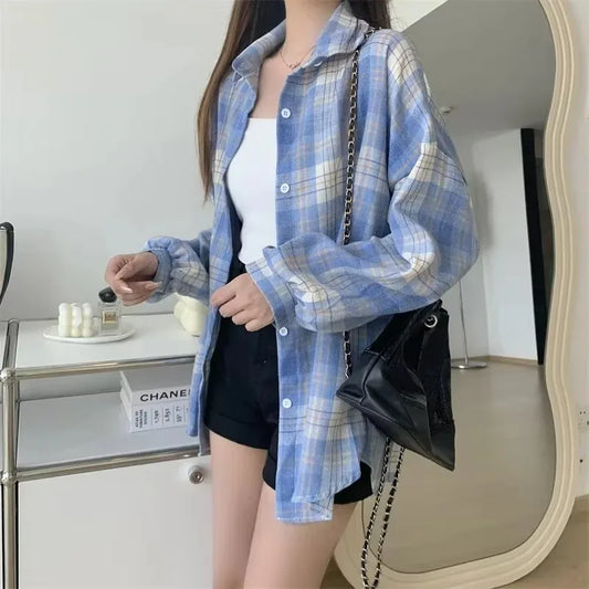 Plaid Shirt Women Long Sleeve Loose Check Button Down Blouse