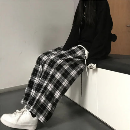 Black Checkered Wide Leg Pants High Waist Streetwear