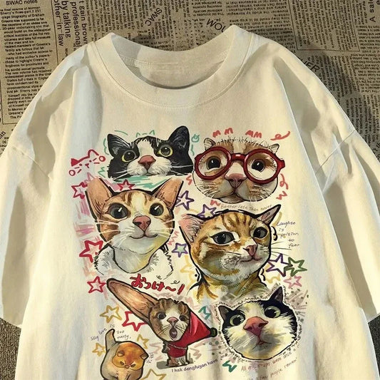 Cartoon Cat Graphic T-Shirt Women's Casual Y2K Summer Tee