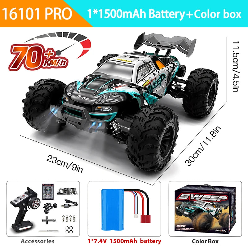 16103PRO 1:16 4WD Brushless RC Car – 70KM/H High-Speed Off-Road Truck with LED Lights