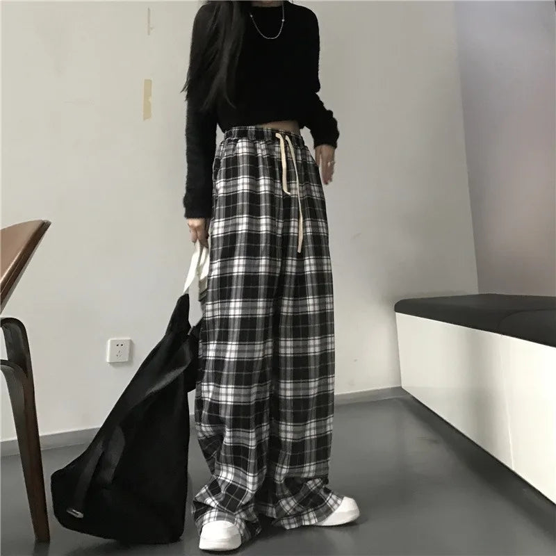 Black Checkered Wide Leg Pants High Waist Streetwear