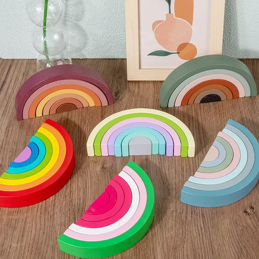 Wooden Rainbow Stacking Blocks Montessori Arch Bridge Toy
