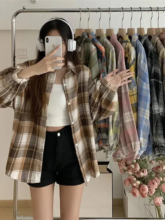 Plaid Shirt Women Long Sleeve Loose Check Button Down Blouse