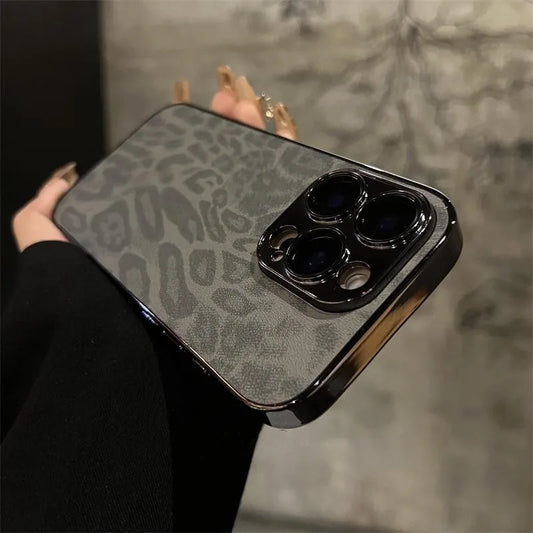 Leopard Print iPhone Case with Leather Texture & Lens Protection