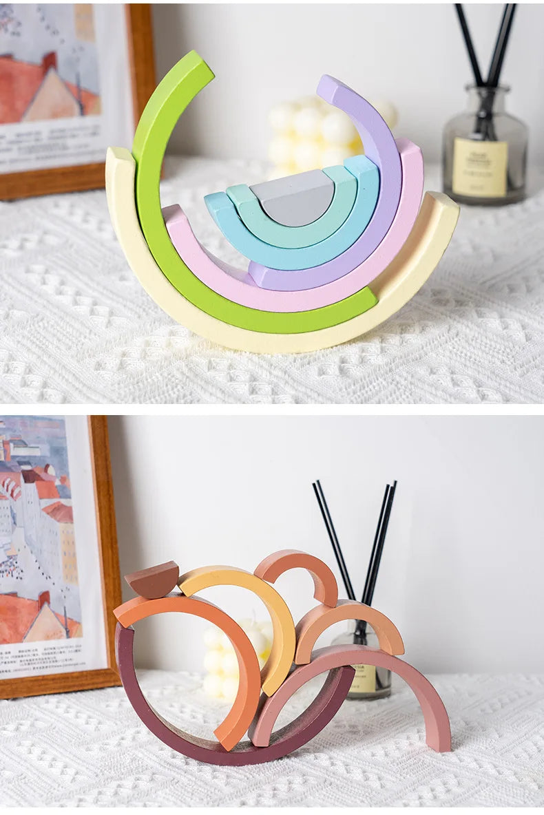 Rainbow Wooden Building Blocks Montessori Stacking Toy